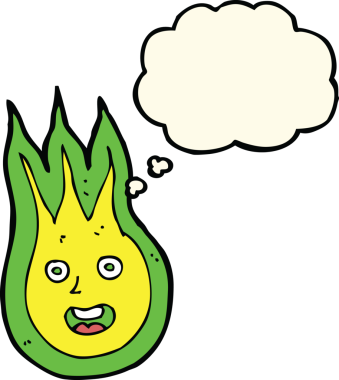 Bir insan tarafından çizilmiş düşünce baloncuklu çizgi film arkadaşı alev topu.