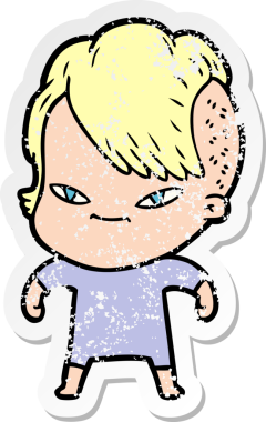 Hipster saç kesimi bir insan tarafından çizilmiş tatlı bir çizgi film kızına ait sıkıntılı bir etiket.