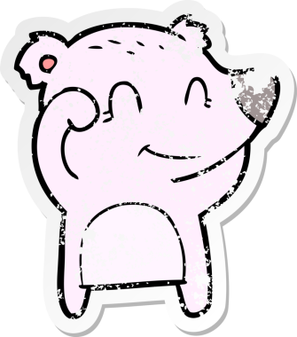 Bir insan tarafından çizilmiş yorgun, gülümseyen ayı çizgi filminin sıkıntılı çıkartması.