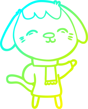 Bir insan tarafından çizilmiş kışlık giysiler içinde mutlu bir çizgi film köpeğinin çizimi.