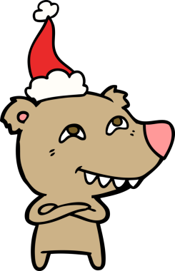 Bir insan tarafından çizilmiş Noel Baba şapkası giyen bir ayının el çizimi.