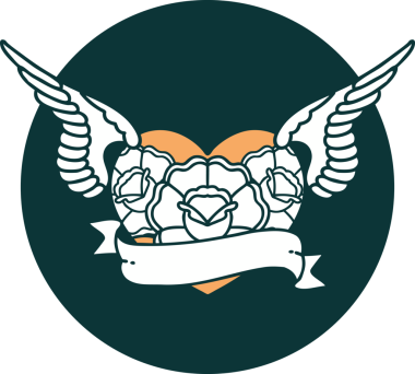 Bir insan tarafından çizilmiş çiçek ve bayrak ile uçan bir kalbin ikonik dövme görüntüsü