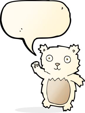 Bir insan tarafından çizilmiş konuşma balonlu kutup ayısı yavrusunu sallayan çizgi film.