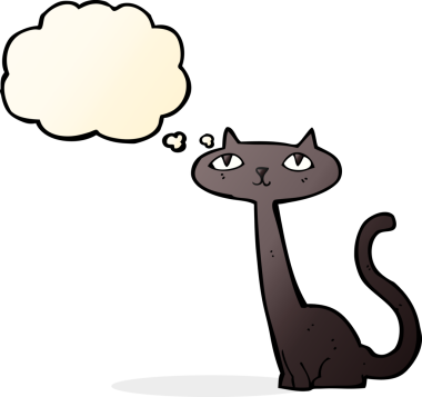 Bir insan tarafından çizilmiş düşünce baloncuklu kara kedi.