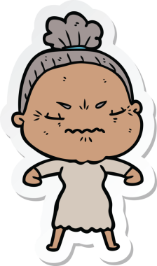 Çizgi film çıkartması. Bir insan tarafından çizilmiş yaşlı bir kadın.