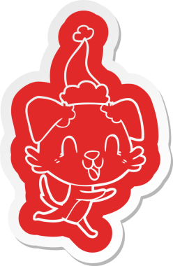 Bir insan tarafından çizilmiş Noel Baba şapkası takan bir köpeğin komik çizgi film çıkartması.