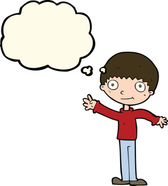 Bir insan tarafından çizilmiş düşünce baloncuğu olan mutlu, el sallayan çocuk.