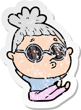 Bir insan tarafından çizilmiş güneş gözlüğü takan karikatürlü bir kadının sıkıntılı çıkartması.