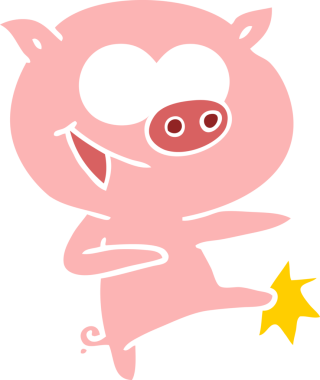 Bir insan tarafından çizilmiş neşeli dans eden domuz düz renkli çizgi film.