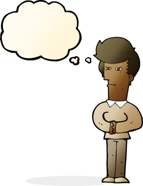 Bir insan tarafından çizilmiş düşünce baloncuğuyla gözlerini kısarak bakan çizgi film adamı.