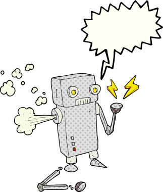 El yazısıyla çizilmiş çizgi roman konuşma balonu, bir insan tarafından çizilmiş bozuk robot.