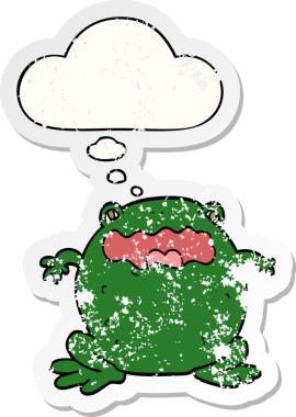 Düşünce baloncuklu çizgi film karakurbağası insan tarafından çizilmiş yıpranmış bir çıkartma.