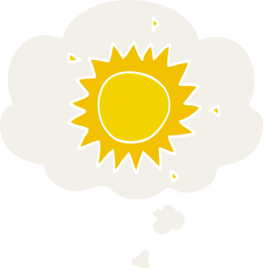 Düşünce baloncuklu karikatür güneşi bir insan tarafından çizilmiş.