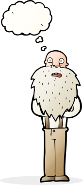 Karikatür sakallı yaşlı adam. Düşünce baloncuğu insan tarafından çizilmiş.