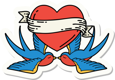 Geleneksel kırlangıç stili dövme çıkartması ve bir insan tarafından çizilmiş sancaklı bir kalp.