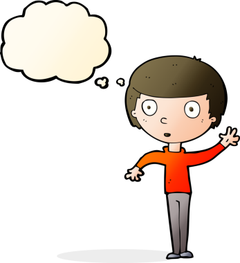 Bir insan tarafından çizilmiş düşünce baloncuğu olan bir çocuk.