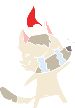 Bir insan tarafından çizilmiş Noel Baba şapkası takan ağlayan bir kurdun düz renkli çizimi.