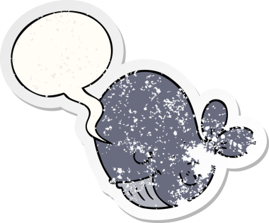 Konuşma baloncuğu olan karikatür balinası bir insan tarafından çizilmiş sıkıntılı eski bir çıkartma