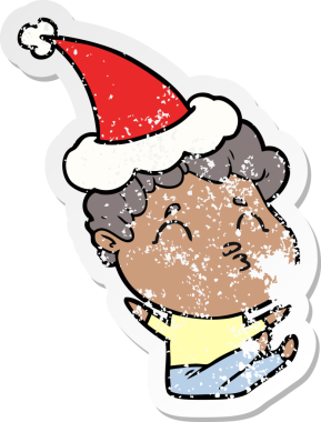 Bir insanın çizdiği Noel Baba şapkasıyla somurtan bir adamın el çizimi karikatürü.