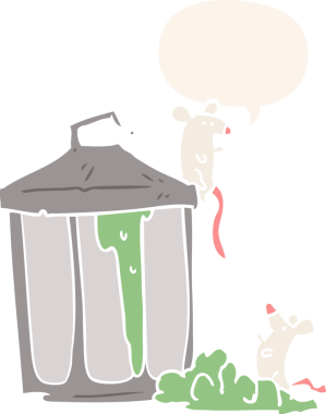 Eski bir metal çöp tenekesi. İçinde insan tarafından çizilmiş retro tarzı konuşma balonu olan fareler var.