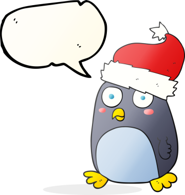 Bir insan tarafından çizilen Noel şapkalı penguen serbest konuşma balonu çizimi.