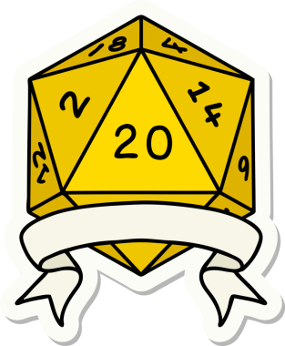 Bir insan tarafından çizilmiş 20 kritik vuruşluk D20 zar etiketi.