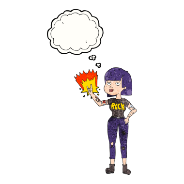 Serbest çizim düşünce balonu bir insan tarafından çizilmiş karikatür rock kızı.