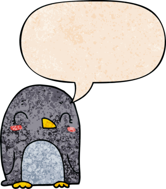 Konuşma baloncuğu olan karikatür pengueni insan tarafından çizilmiş.