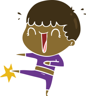 Gülen düz renkli karikatür adam bir insan tarafından çizilmiş karate tekmesi.