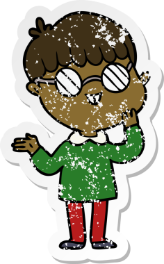 Bir insan tarafından çizilmiş gözlük takan çizgi film karakterinin sıkıntılı çıkartması.