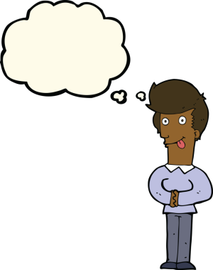 Bir insan tarafından çizilmiş düşünce baloncuğuyla dilini dışarı çıkaran çizgi film adamı.