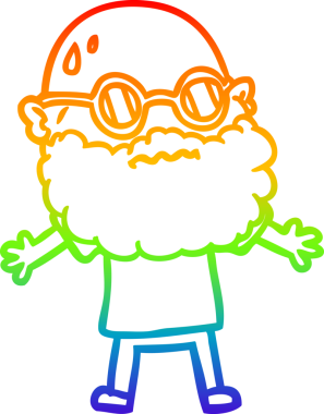 Bir insan tarafından çizilmiş sakallı ve güneş gözlüklü endişeli bir çizgi film çizimi.