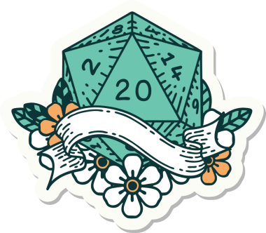 Bir insan tarafından çizilmiş 20 D20 zarının çıkartması.