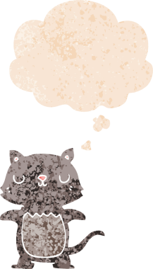 grunge 'da düşünce baloncuğu olan çizgi film kedisi bir insan tarafından çizilmiş dertli retro desenli