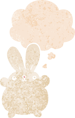 Homurdanan düşünce baloncuğu olan sevimli çizgi film tavşanı bir insan tarafından çizilmiş dertli retro tarzı.