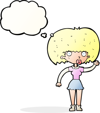 Bir insan tarafından çizilmiş düşünce baloncuğuyla el sallayan çizgi film kadını.