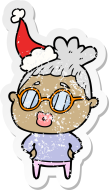 Kütüphaneci bir kadının, insan tarafından çizilmiş Noel Baba şapkasıyla çizilmiş gözlüklü bir el yazısı.