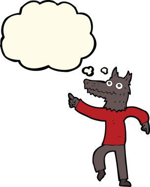 Bir insan tarafından çizilmiş düşünce balonlu bir kurt adam.