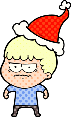 Bir insan tarafından çizilmiş Noel Baba şapkası giyen rahatsız bir adamın el çizimi çizgi roman çizimi.