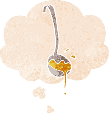 Düşünce baloncuklu çorba kepçesi grunge dertli eski moda bir insan tarafından çizilmiş.