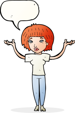 Bir insan tarafından çizilmiş konuşma baloncuğuyla omuz silken çizgi film kadını.