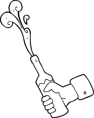 Bir insan tarafından çizilmiş bir şişe şarabı tutan el yapımı siyah beyaz bir çizgi film.