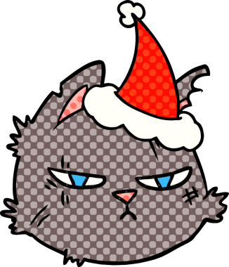 Bir insan tarafından çizilmiş Noel Baba şapkası giyen sert bir kedi suratının el çizimi çizgi roman tasviri