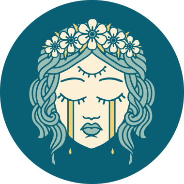 İkonik dövme stili. Üçüncü gözü ve bir insan tarafından çizilmiş çiçek taçlı kadın yüzü.