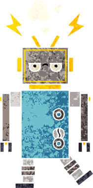 Bir insan tarafından çizilmiş arızalı bir robotun retro çizim tarzı karikatürü