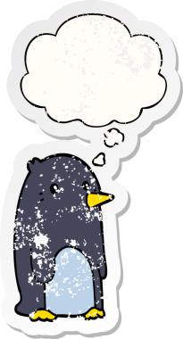 Düşünce baloncuğu olan karikatür pengueni insan tarafından çizilmiş yıpranmış bir çıkartma.