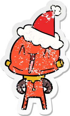 Bir insan tarafından çizilmiş Noel Baba şapkası takan bir robotun çizilmiş el yazısı.