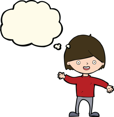 Bir insan tarafından çizilmiş düşünce baloncuğu olan bir çocuk.