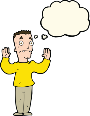 Bir insan tarafından çizilmiş düşünce baloncuğuyla teslim olan bir çizgi film adamı.