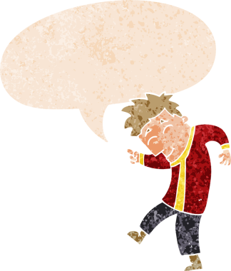 Konuşan baloncuklu karikatür dansçısı bir insan tarafından çizilmiş dertli retro stil.